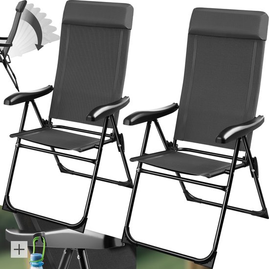 tectake® Campingstoel - Inklapbaar - 7-voudig verstelbare rugleuning - Tuinstoel - Relaxstoel met ligstand - Staal met aluminium frame - Set van 2 - Antraciet