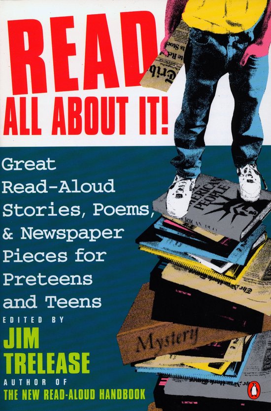 Couverture de livre avec le texte 'READ ALL ABOUT IT!' et l'image d'une personne debout sur des livres.