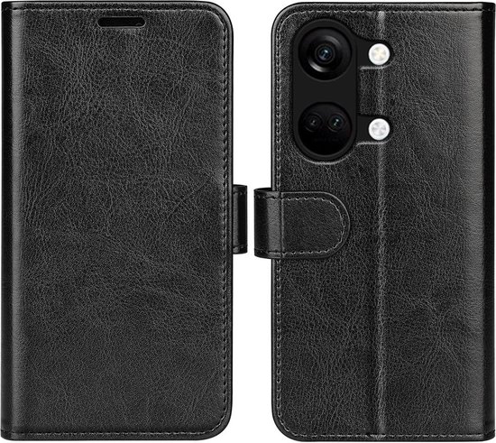 Zwarte wallet book case gesloten, met magnetische sluiting en een display van de camera-uitsparing.