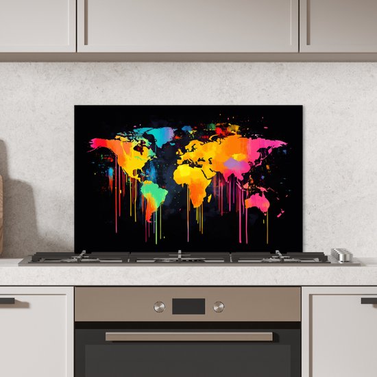 Spatscherm keuken 60x40 cm - Kookplaat achterwand Wereldkaart - Verf - Kleurrijk - Graffiti - Wereld - Muurbeschermer - Spatwand fornuis - Hoogwaardig aluminium