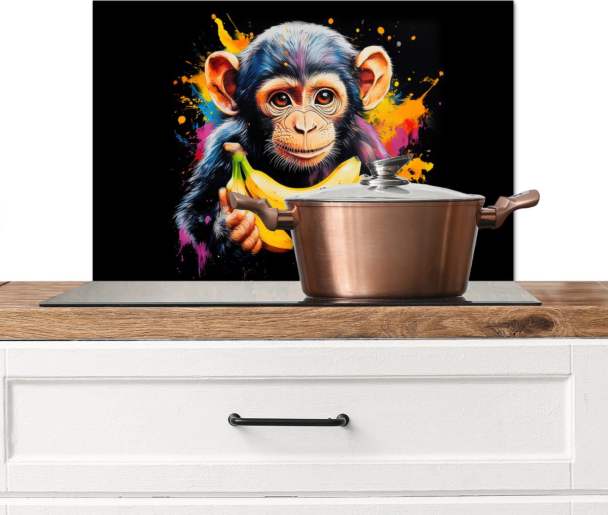 Spatscherm keuken 70x50 cm - Kookplaat achterwand Aap - Graffiti - Kleurrijk - Bananen - Modern - Muurbeschermer - Spatwand fornuis - Hoogwaardig aluminium