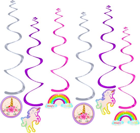 Q2Party - Eenhoorn Swirl - Slinger - Glitter - Versiering - Verjaardag - decoratie - Feest - Hangdecoratie – 6 stuks