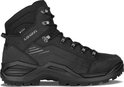 Zwarte LOWA Renegade wandelschoen met veters, Gore-Tex logo en gestreepte zijkant.