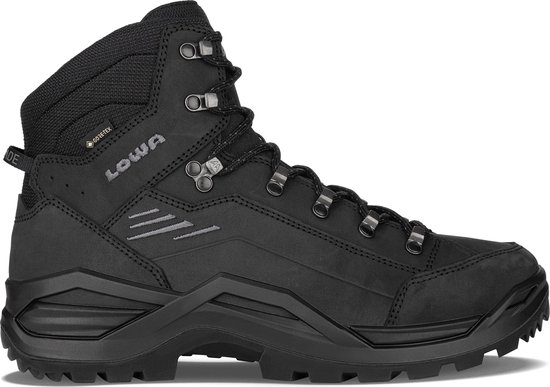Zwarte LOWA Renegade wandelschoen met veters, Gore-Tex logo en gestreepte zijkant.