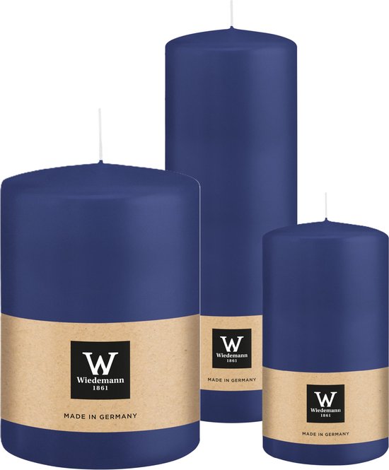 Wiedemann Bougies cylindriques/bougies pilier - lot de 3 - bleu foncé - 7x13/10x15/7x20 cm