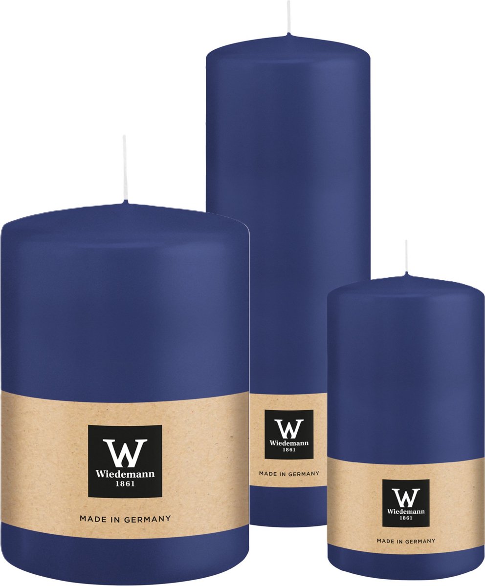 Wiedemann Cilinderkaarsen/stompkaarsen - set van 3 - donkerblauw - 7x13/10x15/7x20 cm