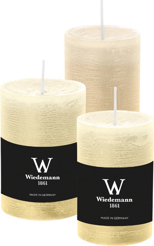 Bougies cylindriques/piliers Wiedemann - lot de 3 - bougie rustique - blanc crème - 6x9/6x12/7x10 cm