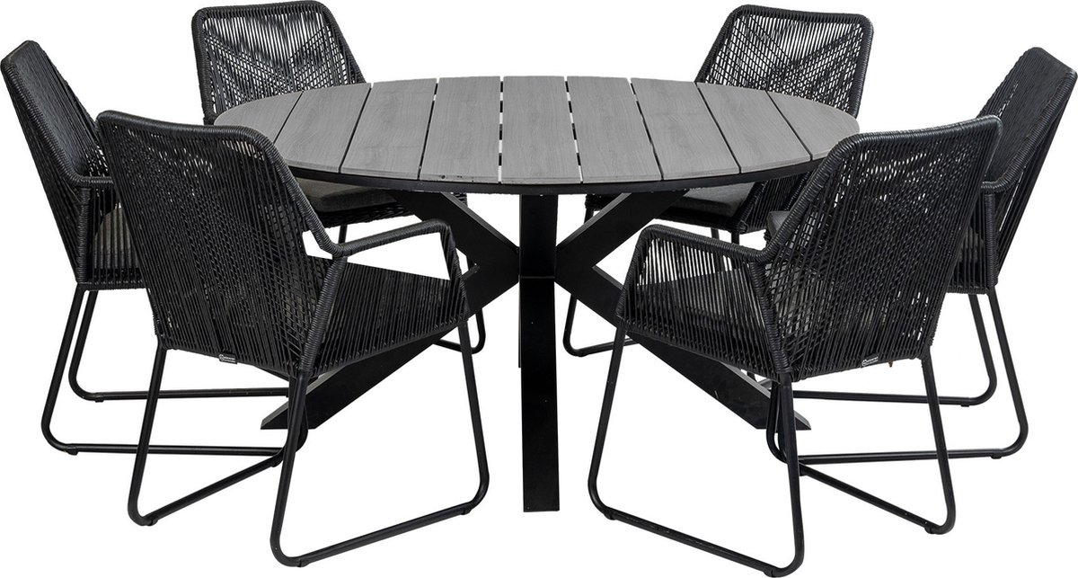 7-delige ronde tuinset | 6 Mona tuinstoelen (Black) | ⌀150cm Cyprus tuintafel (Grey)