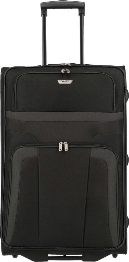 Valise noire à deux roues, poignée rétractable et poches sur le devant. Marque : Paklite.