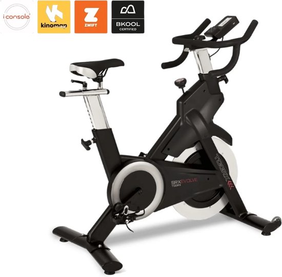 Zwarte Toorx SRX Evolve spinningfiets met zadel, stuur en display. Met iConsole, Kinomap, Zwift en Bkool logo's.