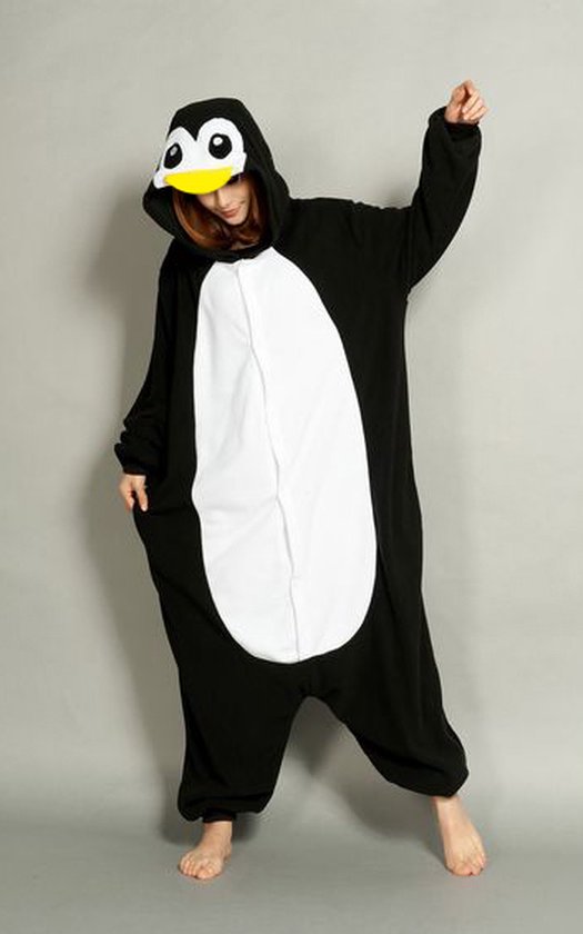 KIMU Onesie Zwarte Pinguin Pak - Maat M-L - Pinguinpak Kostuum Zwart Wit Vogel 170 176 - Zacht Fleece Huispak Jumpsuit Pyjama Dames Heren Halloween
