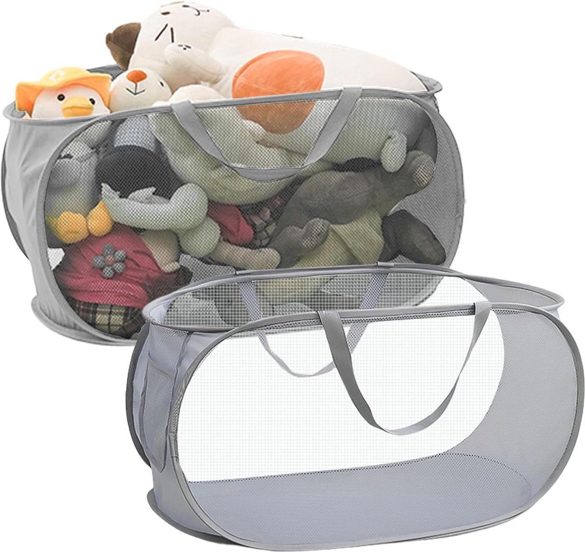 Goedkoopste Opvouwbare wasmanden - Set van 2 stuks - Grote opbergmand met zijvak - 36x36x58 cm - Pop-up wasmand inklapbaar - Grijs