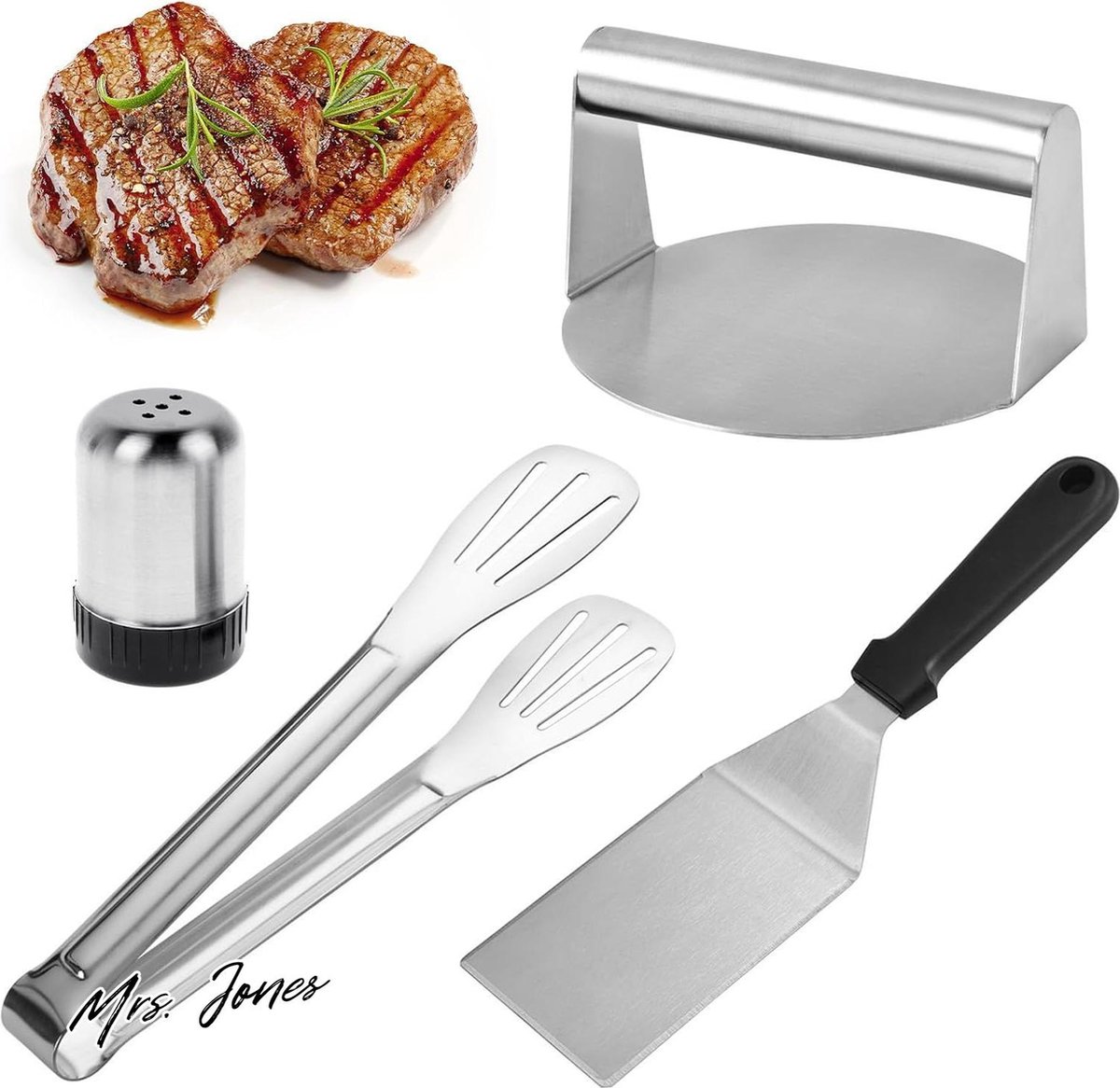 Mrs. Jones AROMUJOY Smash Burgerpers 55 inch roestvrij staal hamburgerpers grillaccessoires - braadspatel grillpers pepervaatje voedseltang platte grillen steak .
