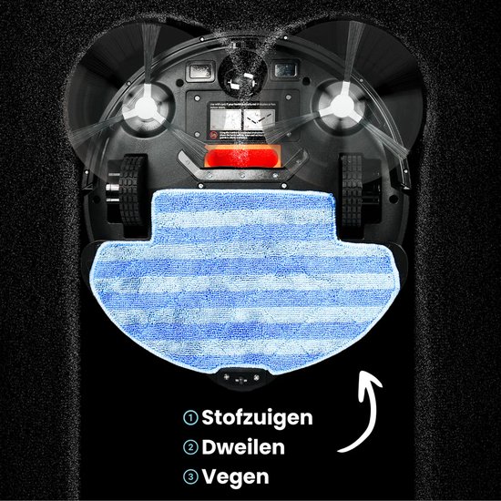 Onderkant van een zwarte Gologi robotstofzuiger met roterende borstels, wielen, en een blauw gestreept microvezeldweil met duidelijke stappen voor stofzuigen, dweilen en vegen.