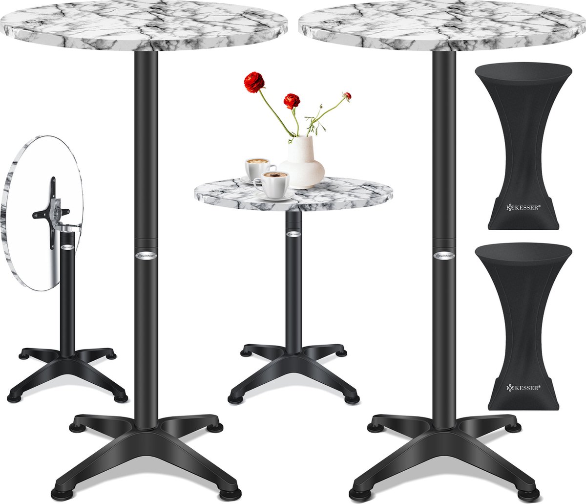 KESSER® 2x Bartafel Inklapbar | Vouwtafel Rond Ø 60cm | Statafel aluminium roestvrij stalen blad | in hoogte verstelbaar | voor binnen en Buiten Inclusief bescherminghoes - Marmer