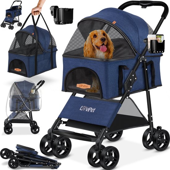 LOVPET® Hondenbuggy 2in1 Huisdieren Wandelwagen Buggy met Transporttas Opvouwbaar tot 20 kg Hondenwandelwagen met Gaasramen & Regenhoes Jogger Kattenbuggy voor Kleine Honden Katten Hondenbox - Blauw