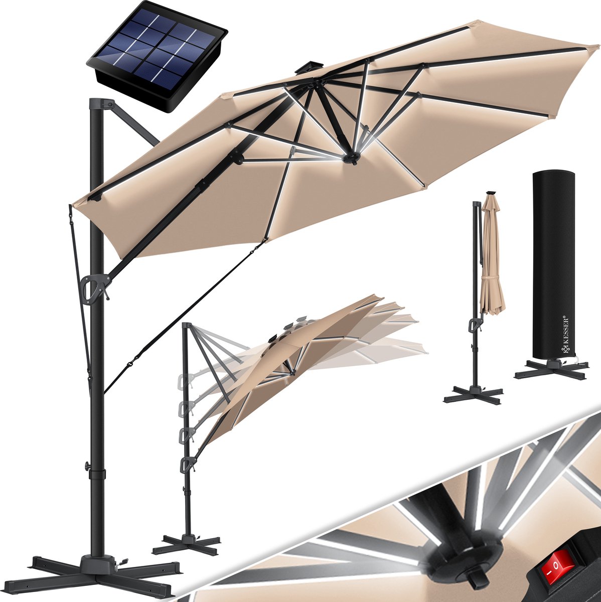 KESSER® SUN Zweefparasol XL Ø330 cm met LED Solar Verlichting - Parasol Inclusief Beschermhoes 360° Draaibaar UV50+ Tuinparasol Zonne-energie - Taupe
