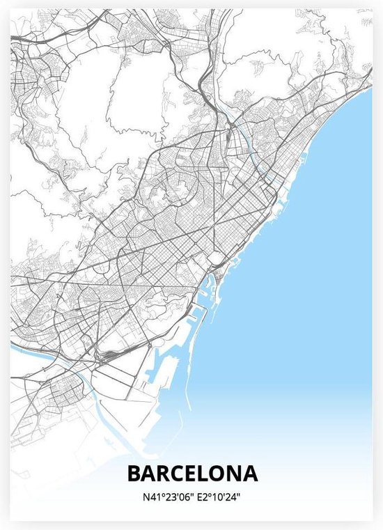 Barcelona plattegrond - A4 poster - Zwart blauwe stijl