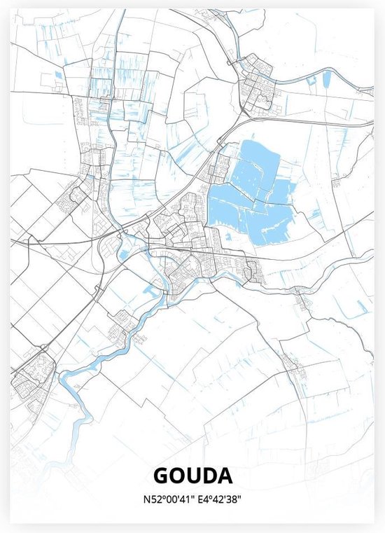 Gouda plattegrond - A3 poster - Zwart blauwe stijl