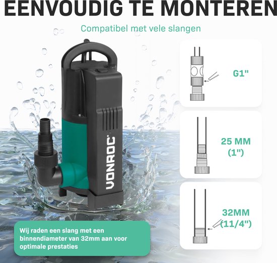 VONROC Pompe submersible – Pompe eau sale – Pompe à eau – 750 – 14000 l/h – Pour eau sale et propre – Avec flotteur intégré