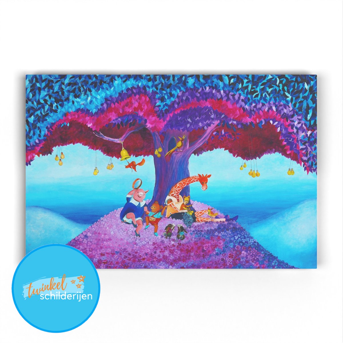 Twinkelschilderijen wanddecoratie kinderkamer - Muziek in de Liedjesboom - Canvas 40x60cm - Kinderkamer cadeau - Muurdecoratie jongenskamer en meisjeskamer | Incl. GRATIS ophangsysteem |