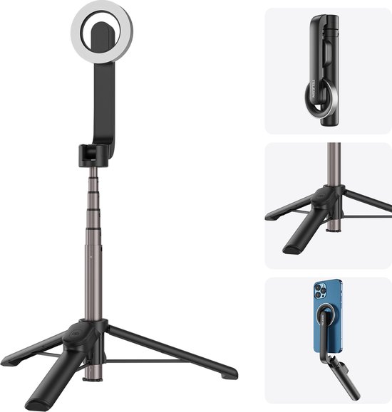Telesin WS-22005 MINI Selfiestick telefoonstatief – Magsafe bevestiging & afstandsbediening – Uitschuifbaar tot 130 cm – iPhone statief – Telefoonstatief – Reis statiefje – Zwart