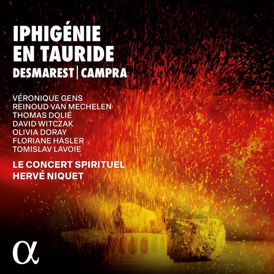 Pochette album Iphigénie en Tauride avec des images dramatiques de feu et de braises. Titre et artistes en lettres blanches.