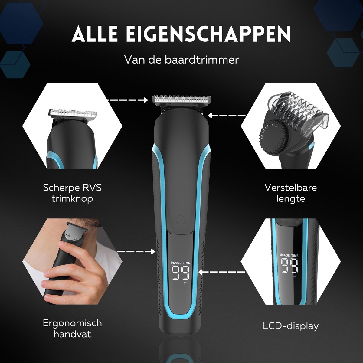 6-in-1 Baardtrimmer Mannen - Beeperfect® - Trimmer Baard en Lichaam - Bodygroomer - Neus en Oortrimmer - Waterdicht - Incl. 6 Opzetstukken thumbnail 4