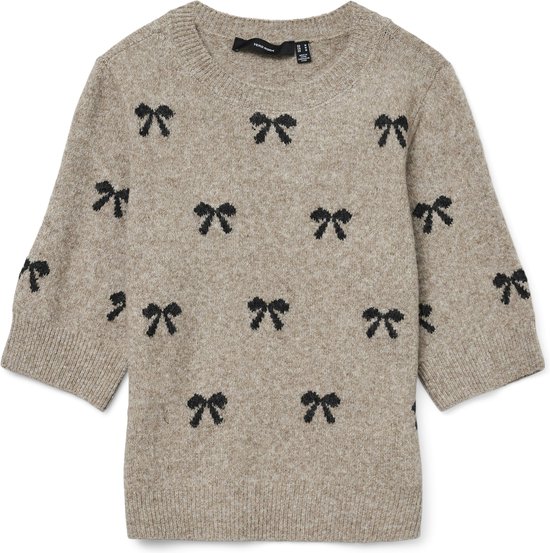 Pull beige avec imprimé nœuds noirs, manches trois-quarts et col rond.