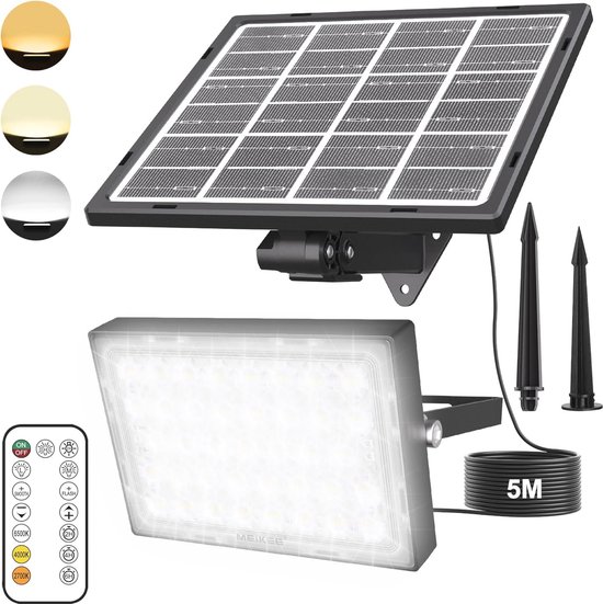 MEIKEE Luces Solares Led Exterior Jardin 3 en 1 Foco Solar de Jardín Control Remoto 2500K-6500K Regulable 3 Modos 3 Brillos 5000mAh IP66 Luz LED Solar al Aire Libre para Patio Césped