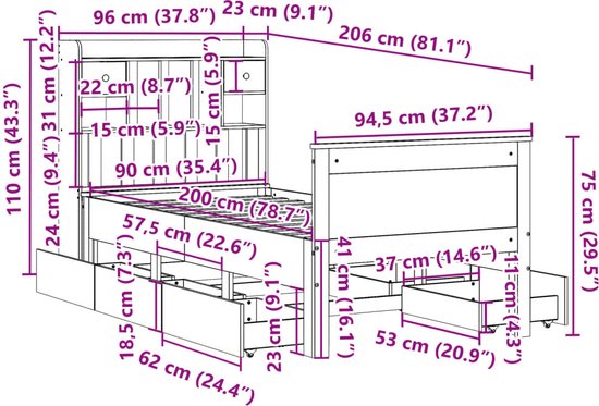 vidaXL - Lit - avec - bibliothèque - sans - matelas - massif - bois de pin - 90x200 - cm