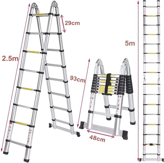 Telescopische aluminium ladder - 5 meter vouwladder met maximale ...