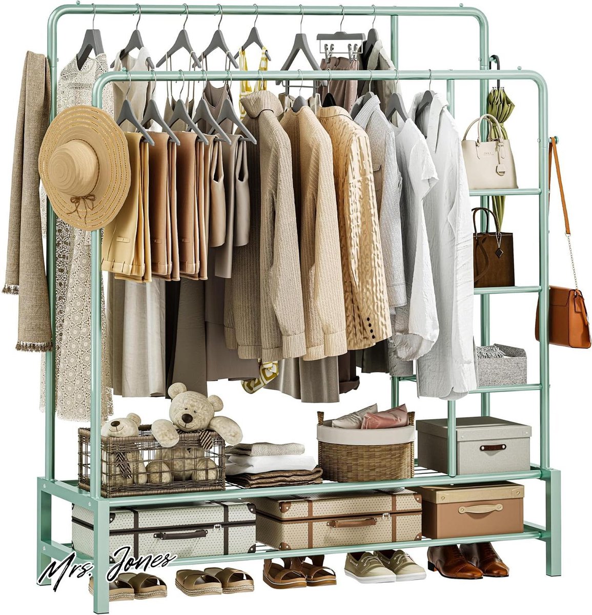 Mrs. Jones Metalen Kledingkast Kapstok met 2 Ophangstangen - Vrijstaand Coat Rack met Dubbele Bodemplank - 4-Haken 3 Planken - Schoenen en Kleding Opbergen - Mintgroen . multiple