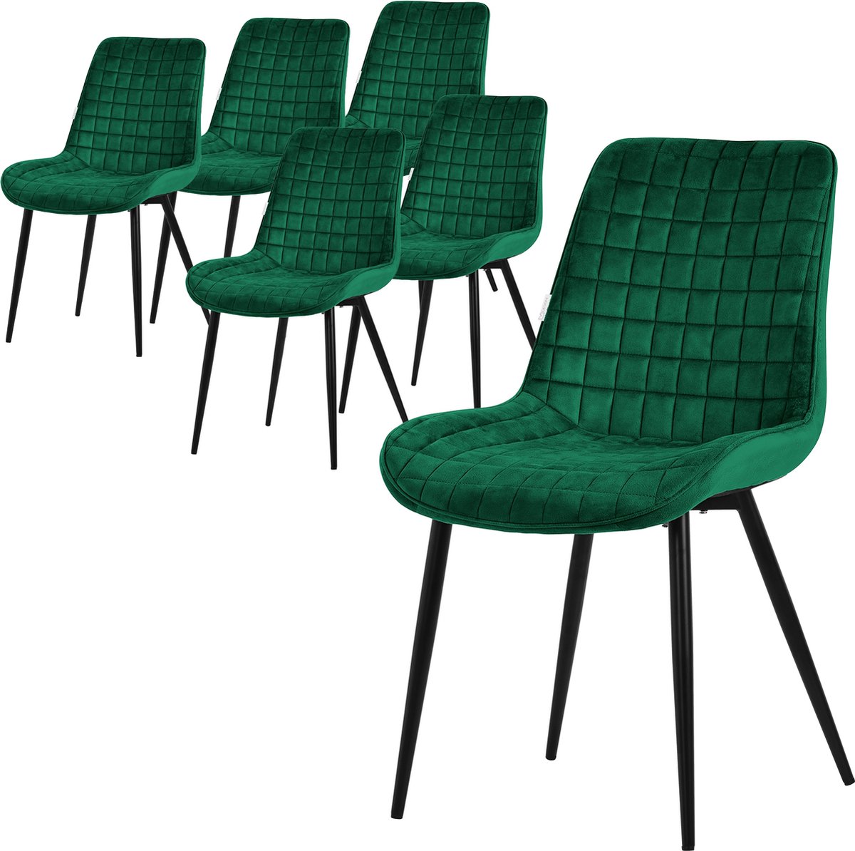 ml-design Set van 6 Eetkamerstoelen – Donkergroene Fluwelen Zitting – Zwarte Metalen Poten – Gestoffeerd met Rugleuning
