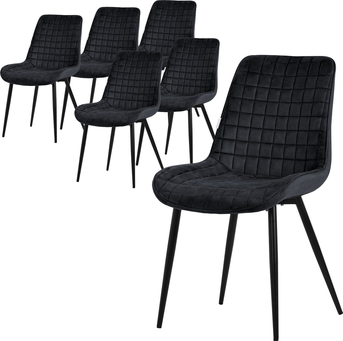 ml-design Set van 6 Eetkamerstoelen – Zwarte Fluwelen Zitting – Zwarte Metalen Poten – Gestoffeerd met Rugleuning