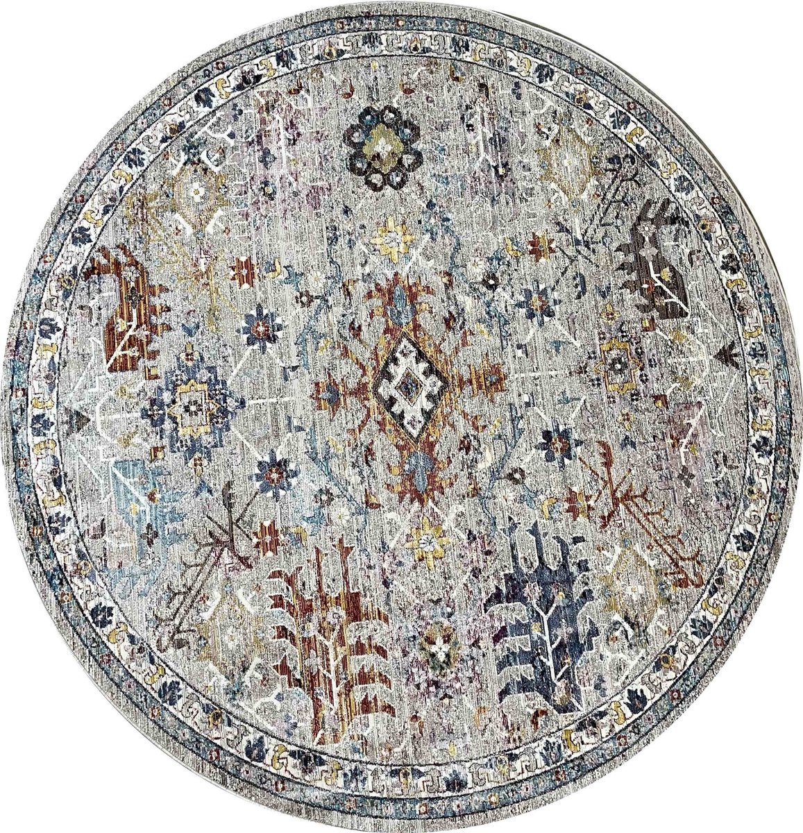 Muratap Picasso Sarough Rond Vloerkleed Vintage Tapijt Woonkamer - Multi / Grijs- 133 CM Ø Multikleur