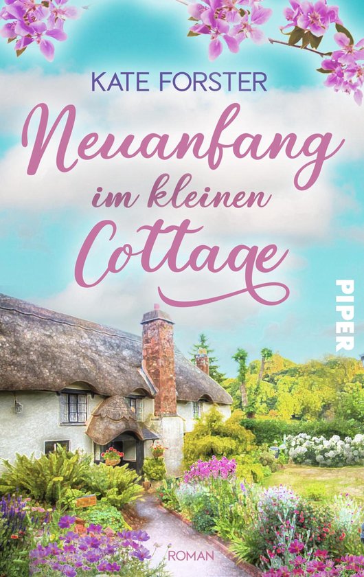 Boek 'Neuanfang im kleinen Cottage' met een idyllisch Engels cottage met rieten dak, bloeiende tuin en takken met roze bloesems.