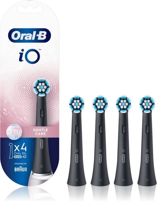 Verpakking met vier zwarte Oral-B iO Gentle Care opzetborstels met turquoise en blauwe accenten.