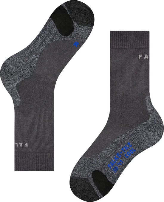 Falke wandelsokken, zwart met grijs gemêleerde versterkingen bij de hak en tenen, blauwe 'R' markering.