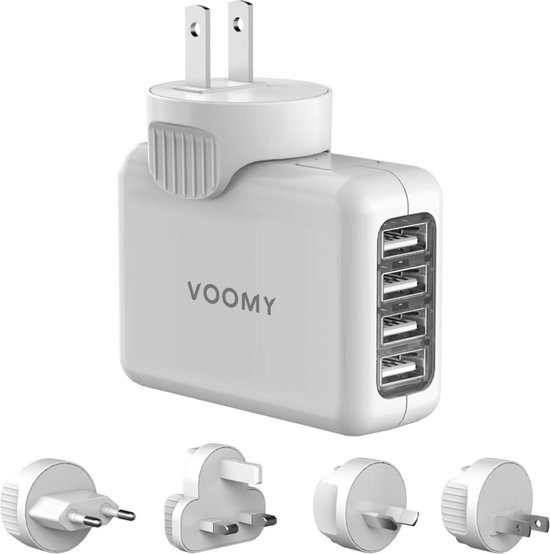 Witte Voomy wereldstekker met 4 USB-poorten en verwisselbare stekkers.
