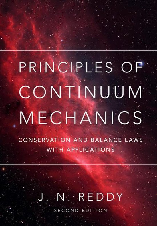 Boek "Principles of Continuum Mechanics" door J. N. Reddy, tweede editie, met een rode nevel en sterren op de kaft.