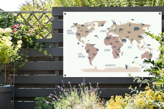 Carte du monde simple avec des animaux aux couleurs flexa Poster de jardin 180x120 cm XXL / Groot format!