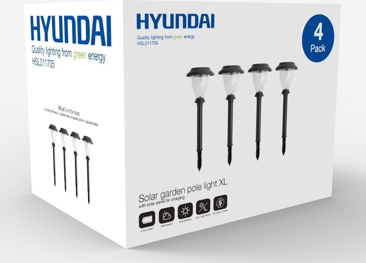 prototype domineren gebed Hyundai - Tuin buitenlamp op zonne-energie - XL – LED - 4 pack | bol.com
