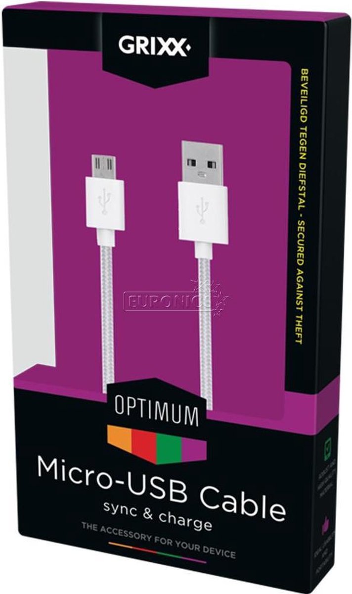 GRIXX Optimum Micro-USB naar USB Kabel Gevlochten Nylon - 1.8 meter - Wit