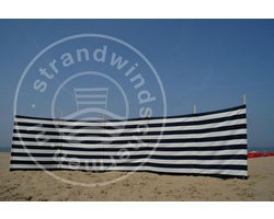 Strand Windscherm 6 meter dralon marine blauw/wit met houten stokken.
