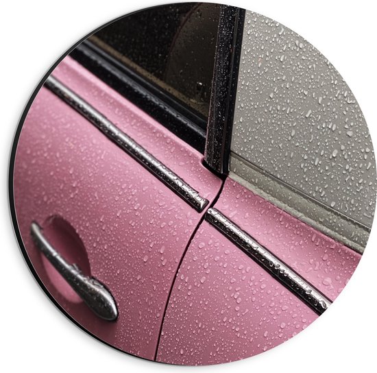 WallClassics - Dibond Muurcirkel - Close-up van Autodeur van Roze Auto - 20x20 cm Foto op Aluminium Muurcirkel (met ophangsysteem)