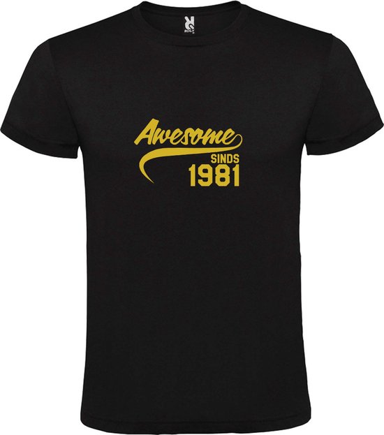 Zwart T-Shirt met “Awesome sinds 1981 “ Afbeelding Goud Size M