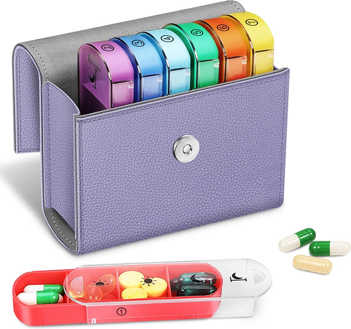 Tablettenbox 7 dagen 4 vakken - pillendoos 4 keer per dag met kunstleren tas en naamkaart medicijnbox voor pillen, vitamine visolie voor 's ochtends 's middags, 's avonds, paars