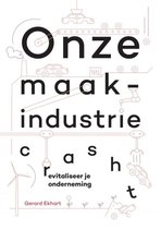 Boekomslag 'Onze maakindustrie crasht'. Met een moderne illustratie van een lopende band, auto's en een windmolen. Tekst: 'Onze maakindustrie crasht' en 'revitaliseer je onderneming'. Door Gerard Ekhart.