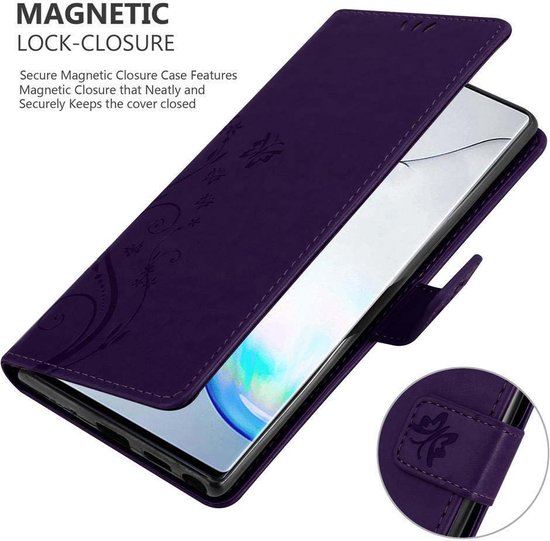 Coque Cadorabo pour Samsung Galaxy NOTE 10 en VIOLET FONCÉ FLORAL - Coque de protection à motif floral avec fermeture magnétique, fonction support et fentes pour cartes